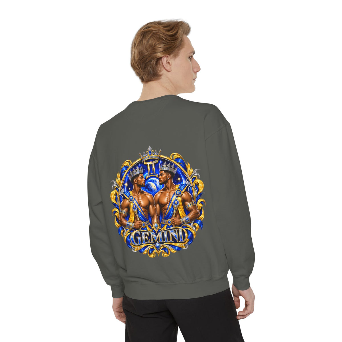 Gemini Zodiac Sweatshirt — Ornate Gold & Blue Gemini Crest