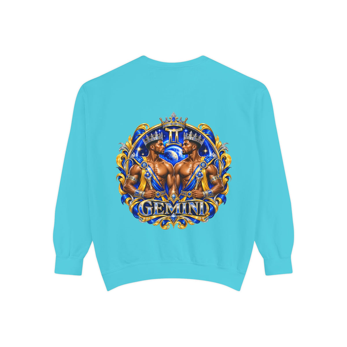 Gemini Zodiac Sweatshirt — Royal Blue & Gold Twin Symbol Crewneck