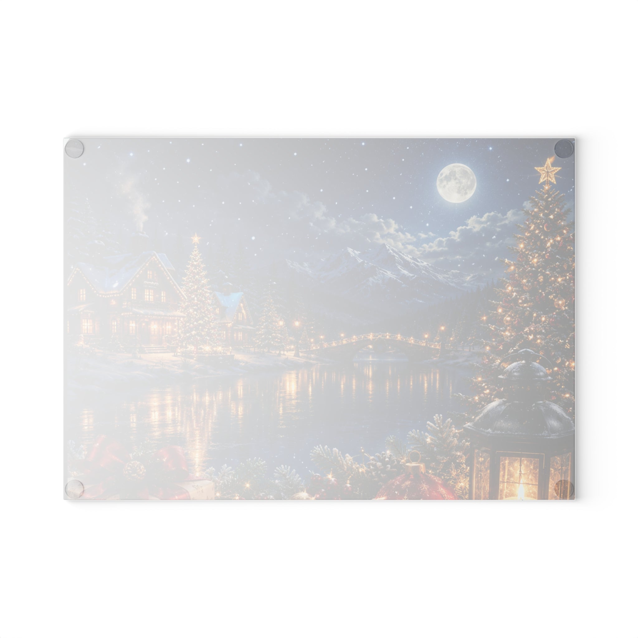 Christmas Lakeside Glass Cutting Board – Winter Village Moonlit Holiday Kitchen Decor