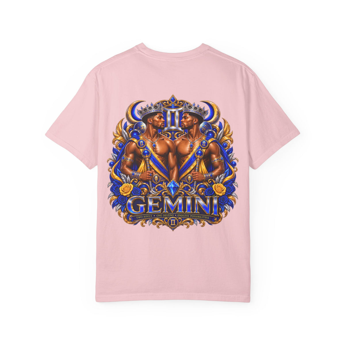 Gemini Zodiac T-Shirt — Bold Blue & Gold Twin Portrait Tee
