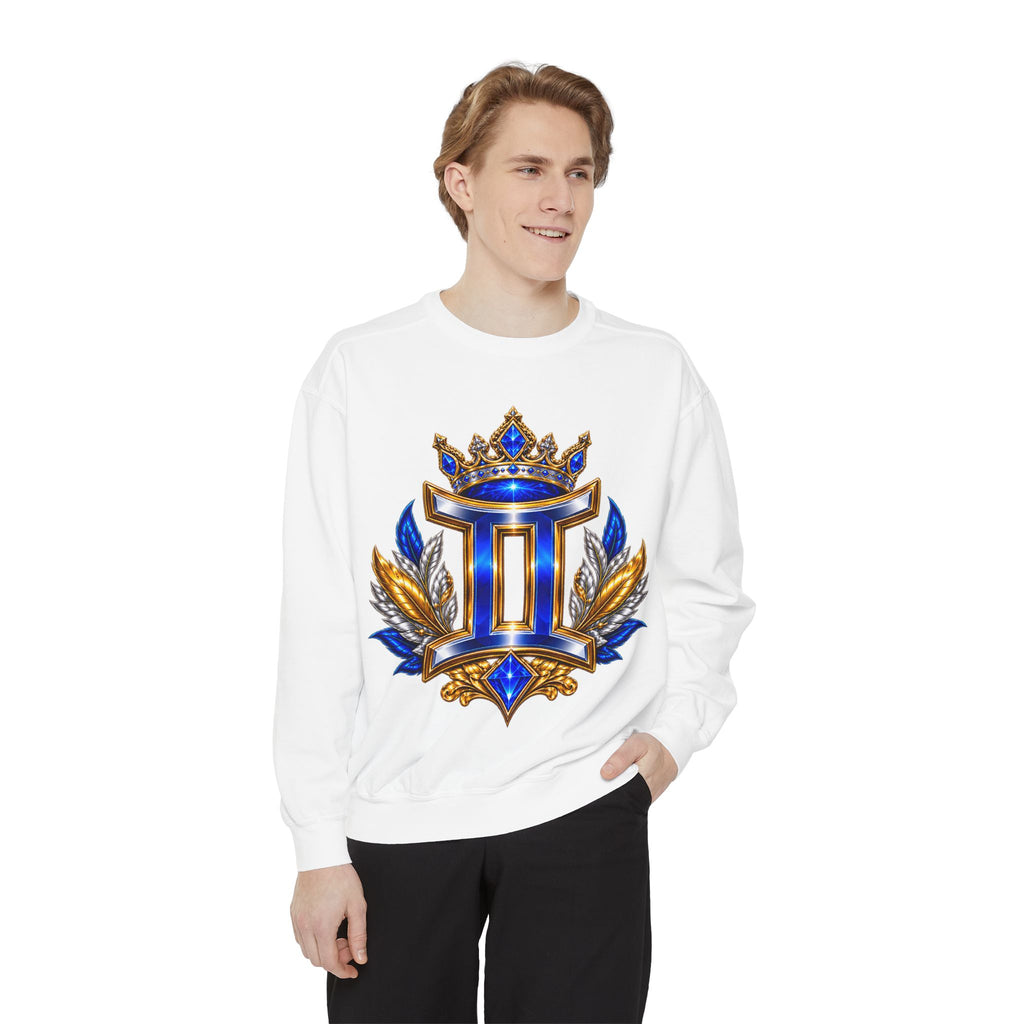 Gemini Zodiac Sweatshirt — Royal Blue & Gold Twin Symbol Crewneck