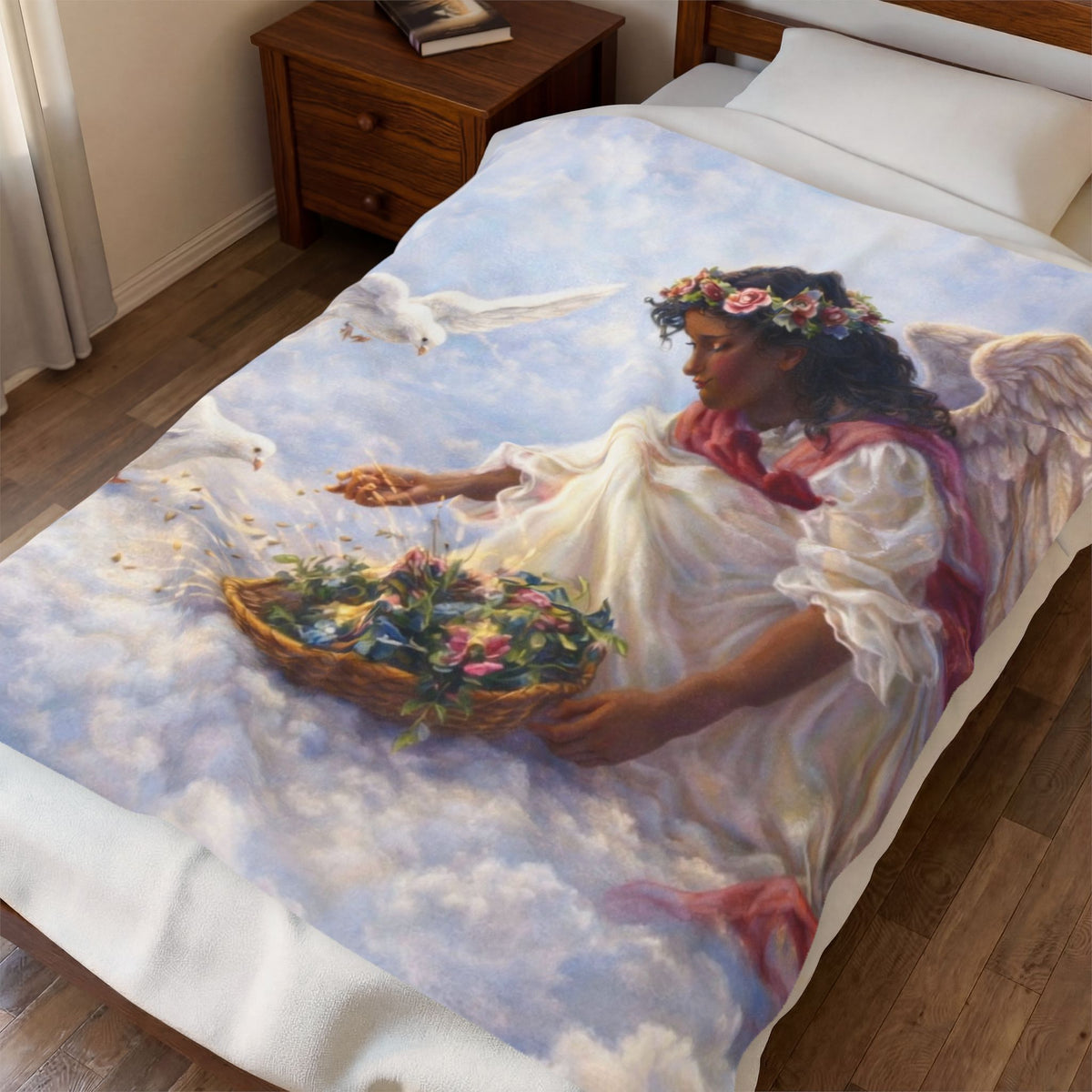 Angel in Clouds Velveteen Plush Blanket – Serene Floral Guardian Throw