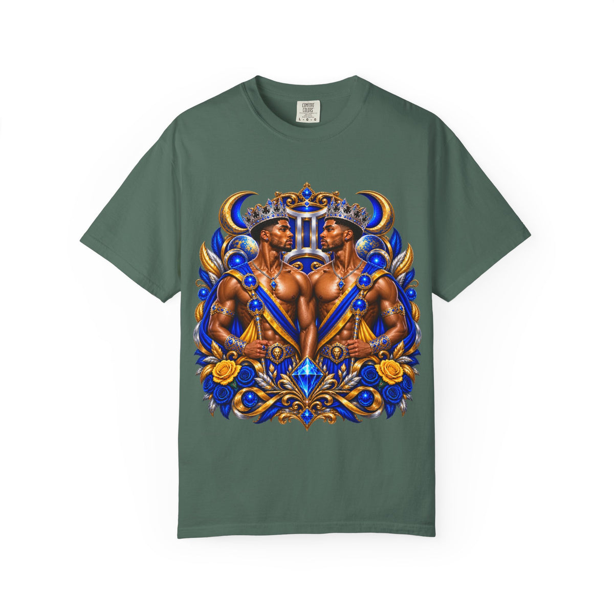 Gemini Zodiac T-Shirt — Bold Blue & Gold Twin Portrait Tee