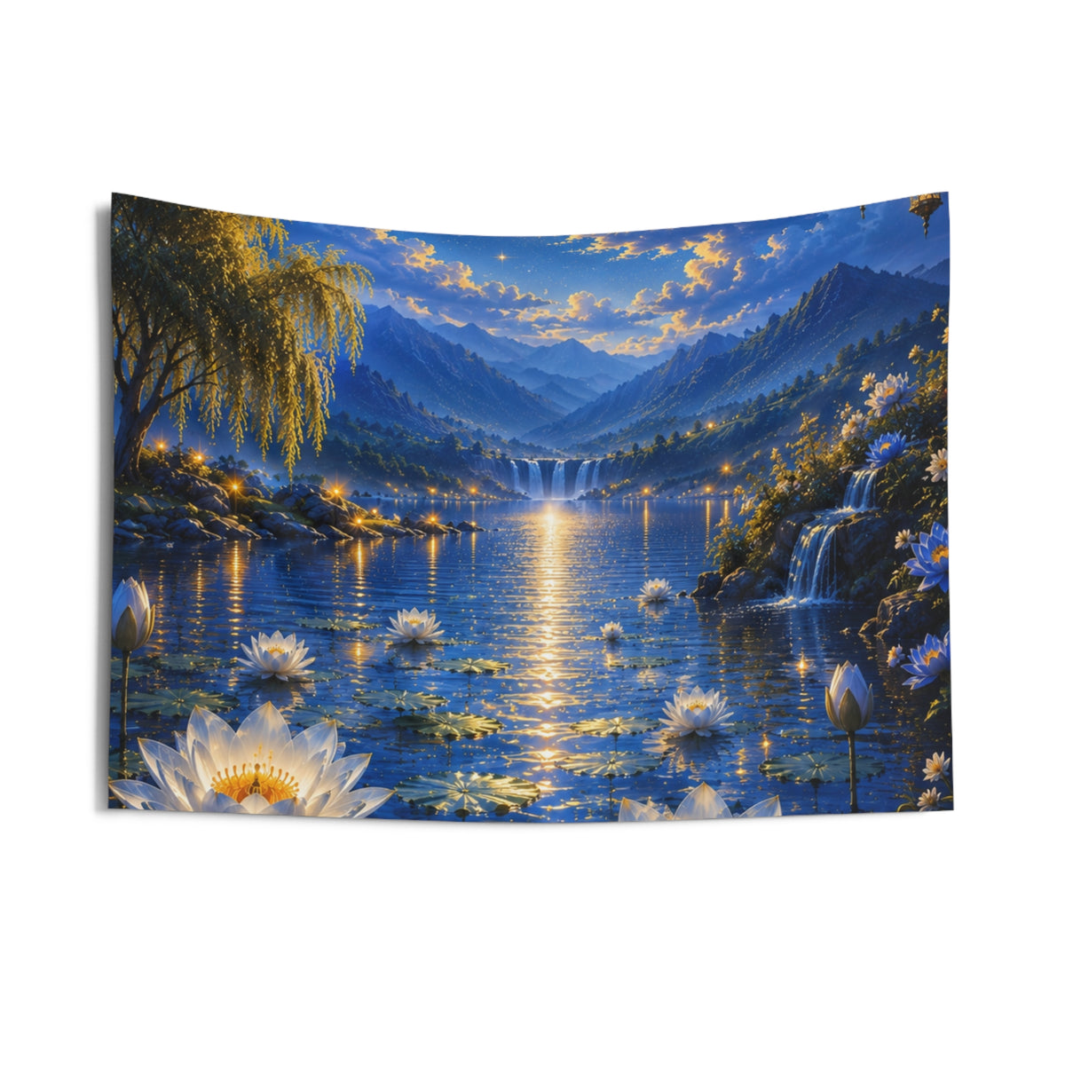 Moonlit Lotus Lake Tapestry - Serene Nighttime Wall Hanging