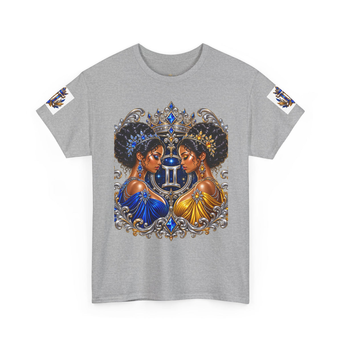 Gemini Zodiac Tee — Twin Sisters Astrology T‑Shirt (Blue & Gold)